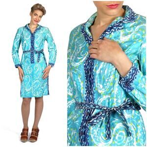 Vintage 1970s Blue Paisley Cotton Belted Shirt-Waist Dress by Vera Neumann | S/M